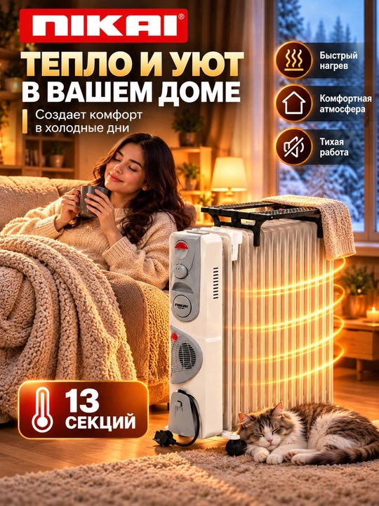 NIKAI moyli isitgichi, termo-puflanadigan pech + quritgich, 13 ta qovurg‘a, 30 kv.m gacha