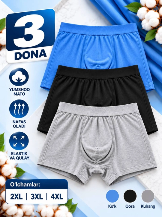 Erkaklar bokserlari, 2/3 dona to‘plam, yumshoq va qulay