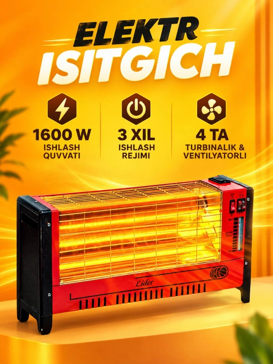 Elektr isitgich 1600W — 3 rejimli, 4 ta turbinali ventilyatorli - 