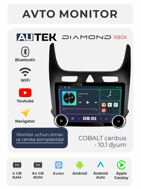 Avto monitor AUTEK Diamond X80S, 10.1 dyum 4+64 GB, WiFi, kuler - 