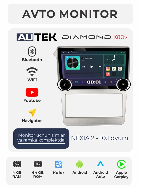Avto monitor AUTEK Diamond X80S, 10.1 dyum 4+64 GB, WiFi, kuler - 