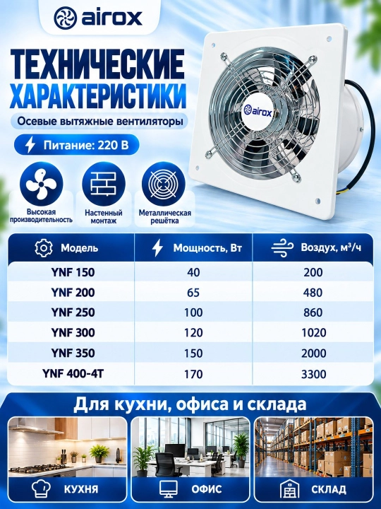 Airox YNF teskari klapanli devorga o‘rnatiladigan tortish ventilyatori, 150-400 mm, 220 V