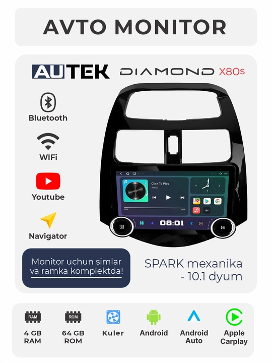 Avto monitor AUTEK Diamond X80S, 10.1 dyum 4+64 GB, WiFi, kuler - 