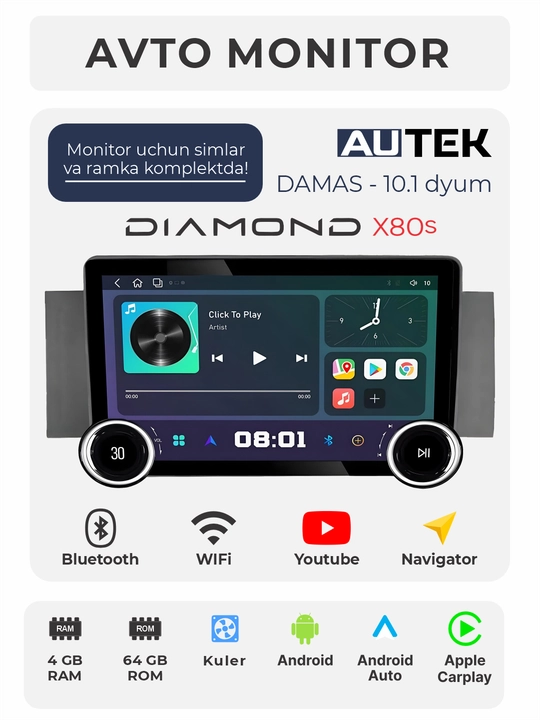 Avto monitor AUTEK Diamond X80S, 10.1 dyum 4+64 GB, WiFi, kuler - 