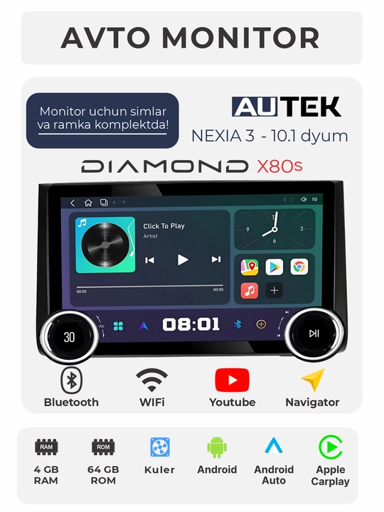 Avto monitor AUTEK Diamond X80S, 10.1 dyum 4+64 GB, WiFi, kuler - 