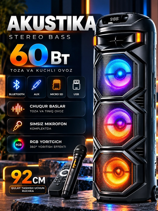 Katta Bluetooth simsiz karnay, karaoke, RGB yoritish, mikrofon va pult bilan - 