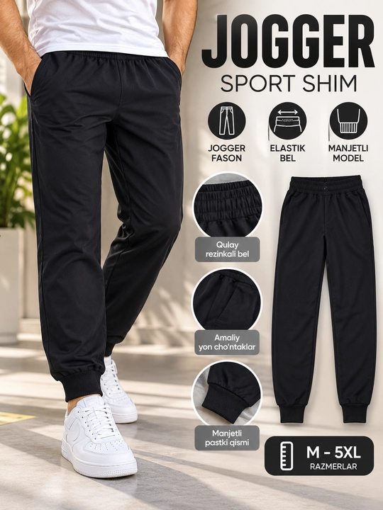 Ayollar uchun qora jogger sport shim, elastik bel va manjetli