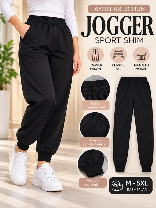 Ayollar uchun qora jogger sport shim, elastik bel va manjetli