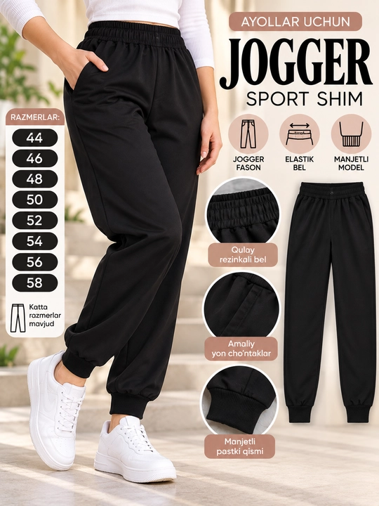 Ayollar uchun qora jogger sport shim, elastik bel va manjetli