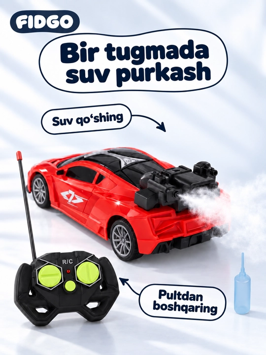 Bug‘ va yoritgichli radio boshqariladigan mashina, tezligi 15 km gacha, akkumulyatorli