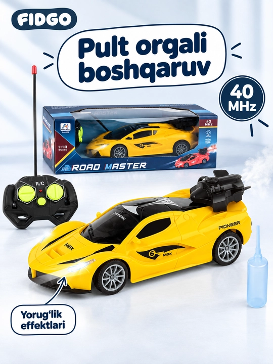 Bug‘ va yoritgichli radio boshqariladigan mashina, tezligi 15 km gacha, akkumulyatorli - 
