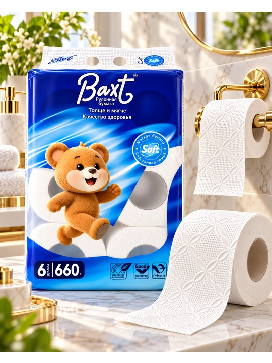 Туалетная бумага Baxt, 6 рулонов, 660 г, мягкая рельефная бумага для туалета