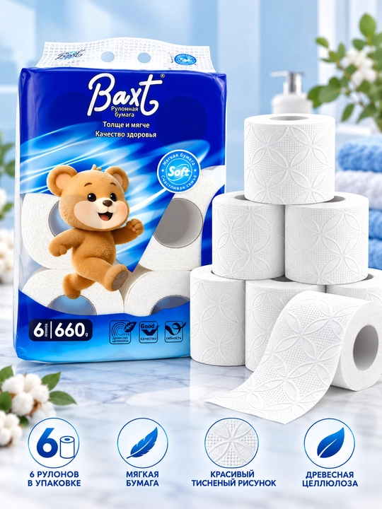 Туалетная бумага Baxt, 6 рулонов, 660 г, мягкая рельефная бумага для туалета