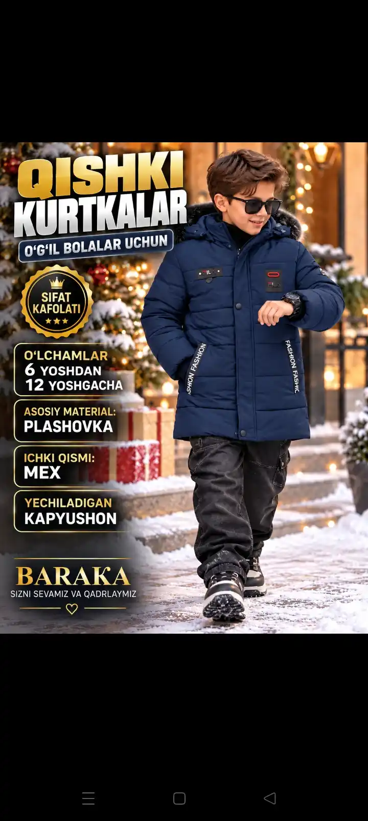 6–12 yoshli o‘g‘il bolalar uchun issiq qishki kurtka, mo‘ynali va zamonaviy