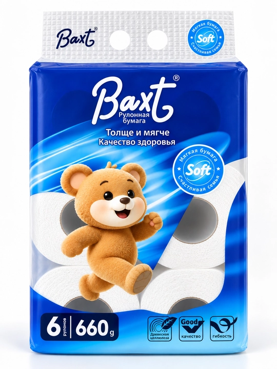 Туалетная бумага Baxt, 6 рулонов, 660 г, мягкая белая бумага с тиснением