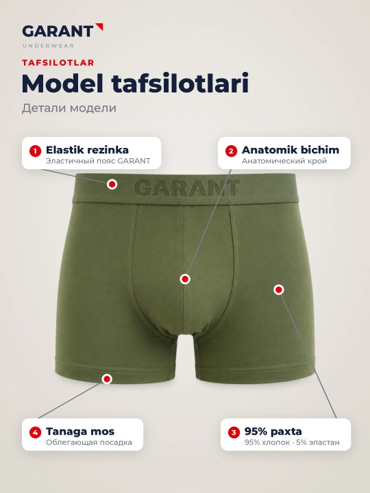 Garant GP307/1 erkaklar bokser trusiklari, 95% paxta, M–3XL o'lchamlari