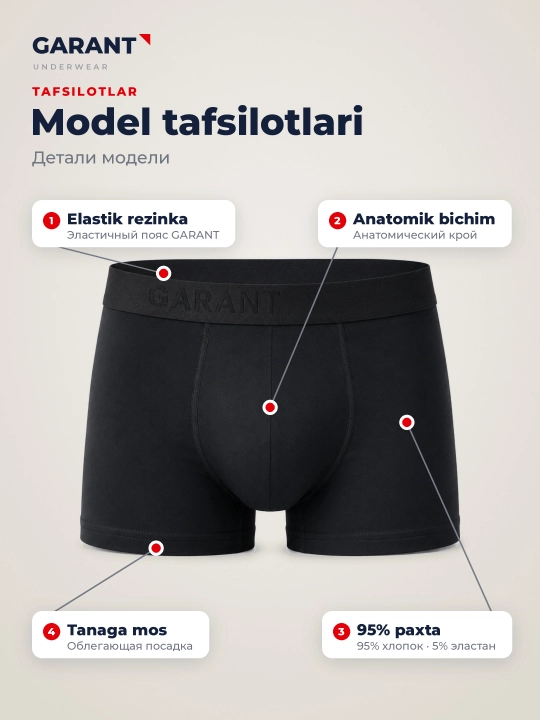 Garant GP307/1 erkaklar bokser trusiklari, 95% paxta, M–3XL o'lchamlari