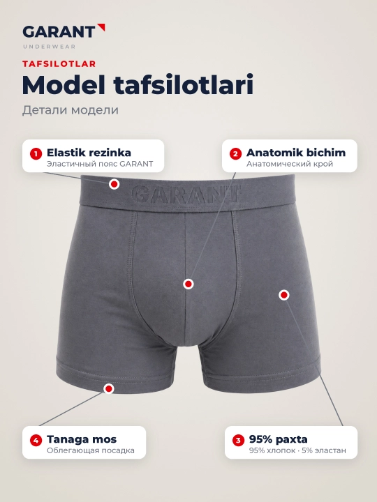Garant GP307/1 erkaklar bokser trusiklari, 95% paxta, M–3XL o'lchamlari