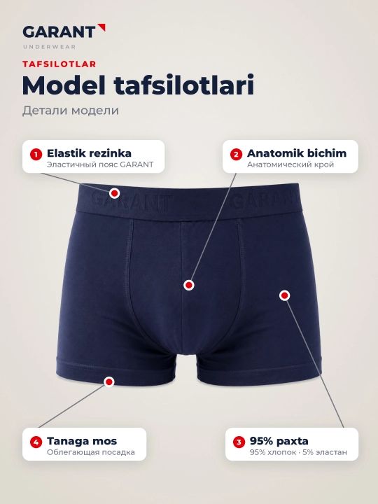Garant GP307/1 erkaklar bokser trusiklari, 95% paxta, M–3XL o'lchamlari