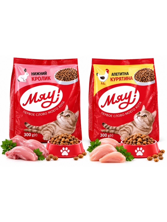 Сухой корм для кошек «Мяу!» с кроликом или курицей, 300 г — 2 вкуса на выбор, 2 штуки