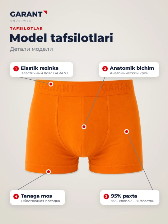 Garant GP307/1 erkaklar bokser trusiklari, 95% paxta, M–3XL o'lchamlari