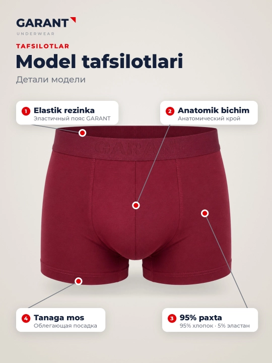 Garant GP307/1 erkaklar bokser trusiklari, 95% paxta, M–3XL o'lchamlari