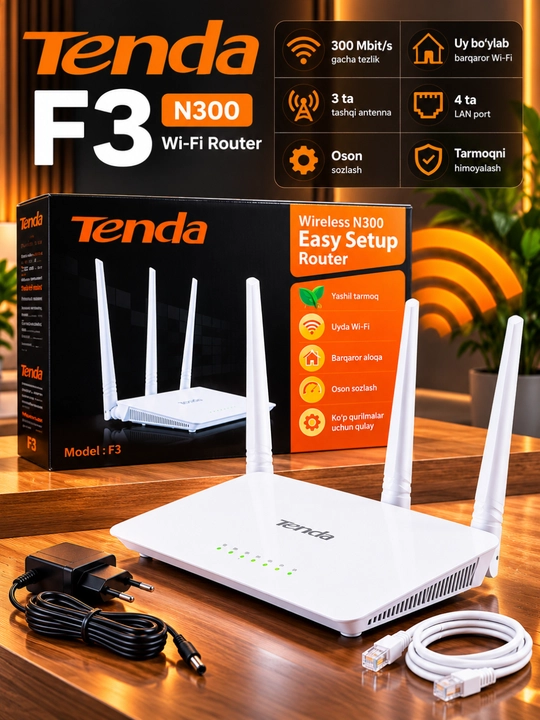Tenda F3 N300 Wi-Fi Router 300 Mbps, 3 ta antenna, 2.4 GHz - 
