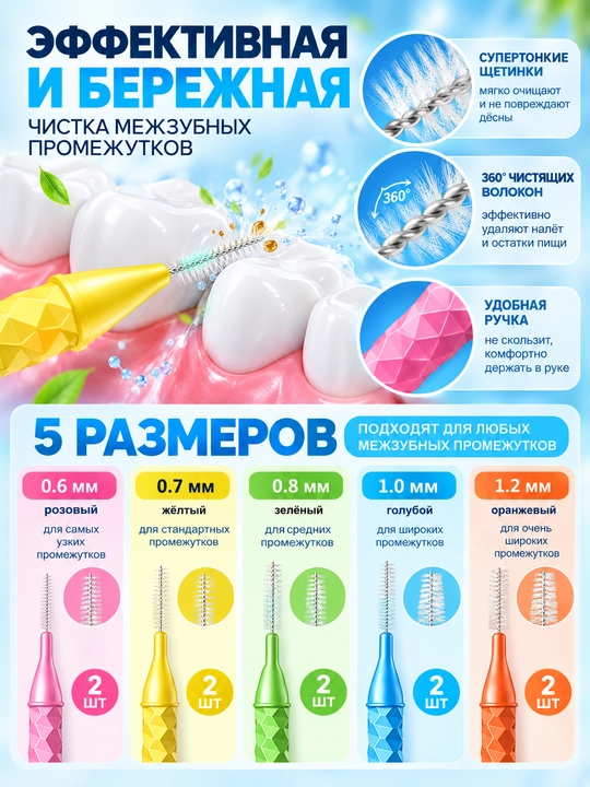 Yigate tish oralig‘i cho‘tkalari 10 dona, 5 o‘lcham 0.6–1.2 mm, breket va implantlar uchun