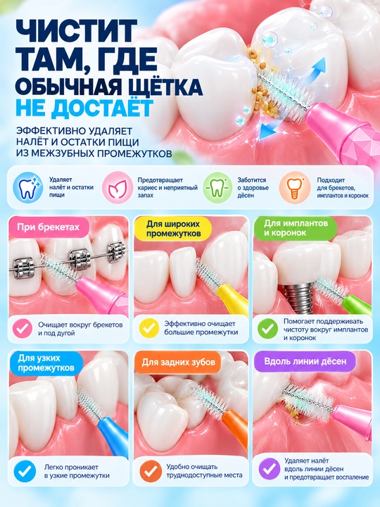 Yigate tish oralig‘i cho‘tkalari 10 dona, 5 o‘lcham 0.6–1.2 mm, breket va implantlar uchun