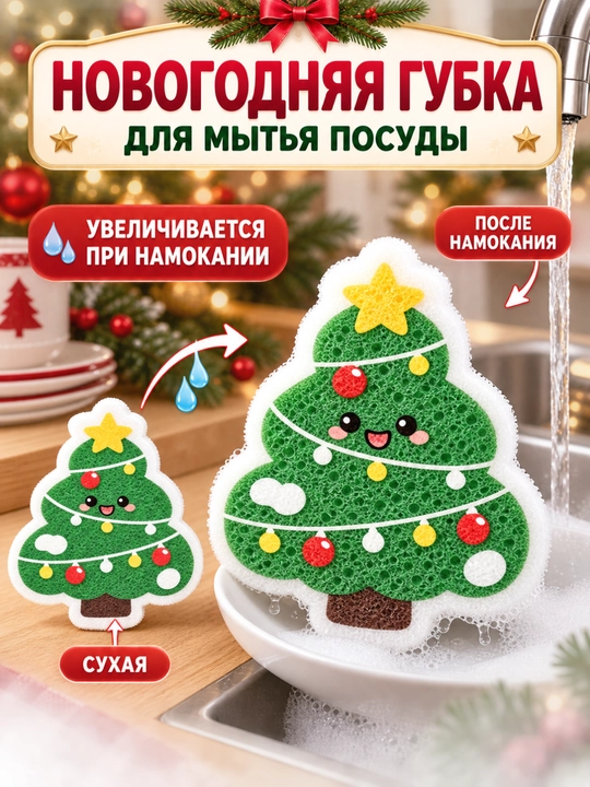 Idish yuvish uchun Yangi yil gubkasi, namlanganda hajmi kattalashadi, 1 dona - 