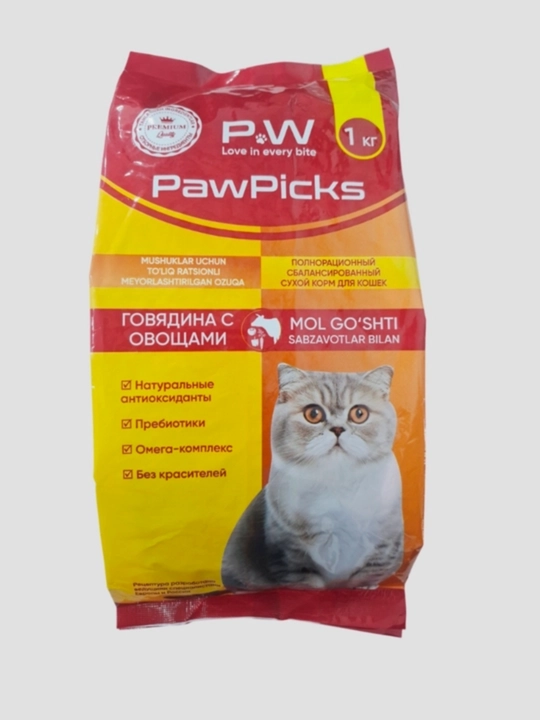 PawPicks — сухой корм для кошек с говядиной и овощами, 1 кг