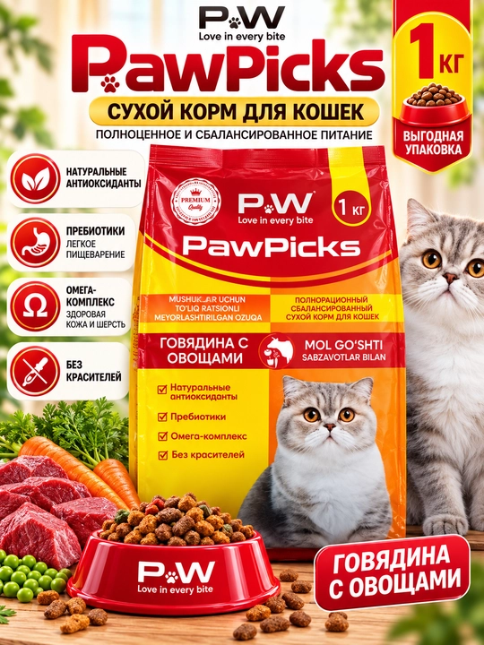 PawPicks — сухой корм для кошек с говядиной и овощами, 1 кг - 