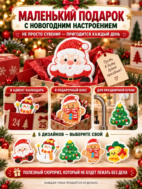 Idish yuvish uchun Yangi yil gubkasi, namlanganda hajmi kattalashadi, 1 dona