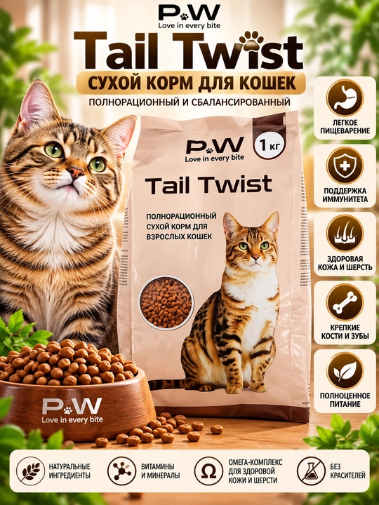 PawPicks Tail Twist — сухой корм для взрослых кошек, 1 кг - 