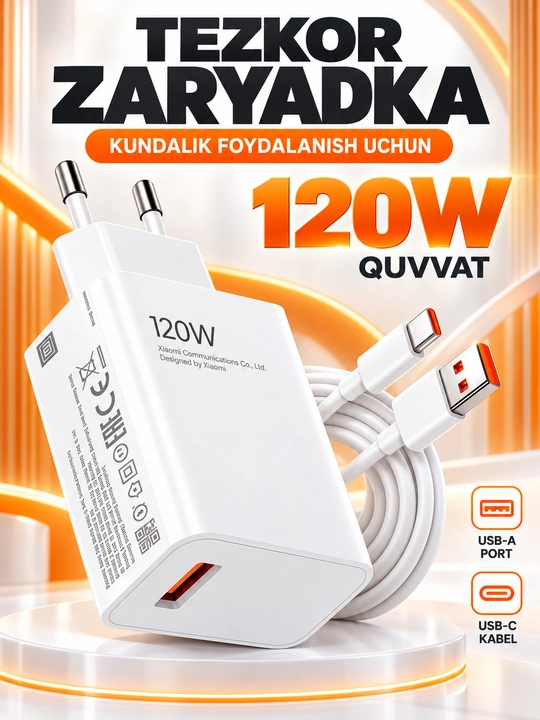 Samsung va Xiaomi Redmi uchun Type-C kabeli bilan 120 Vt 67 Vt 33 Vt tez quvvatlash qurilmasi - 