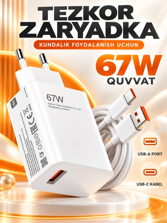Samsung va Xiaomi Redmi uchun Type-C kabeli bilan 120 Vt 67 Vt 33 Vt tez quvvatlash qurilmasi - 