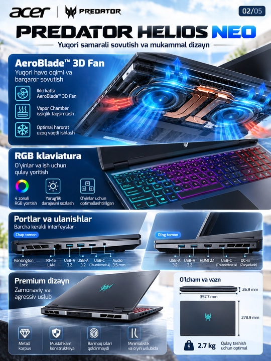 Ноутбук Acer Predator Helios Neo, Ultra 9 275HX, 16 ГБ DDR5, SSD 1 ТБ, RTX 5070 Ti
