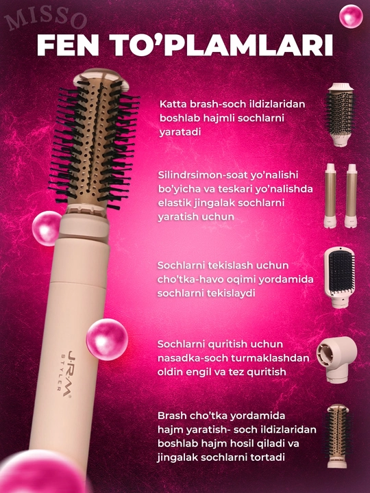 JRM Airwrap 6 tasi 1da ko'p funksiyali styler,soch quritgich,fen,jingalak,dazmol,ployka