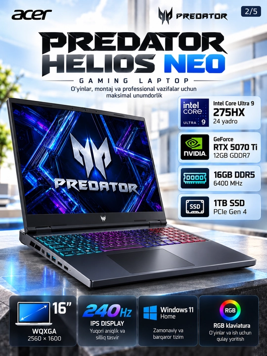 Ноутбук Acer Predator Helios Neo, Ultra 9 275HX, 16 ГБ DDR5, SSD 1 ТБ, RTX 5070 Ti - 
