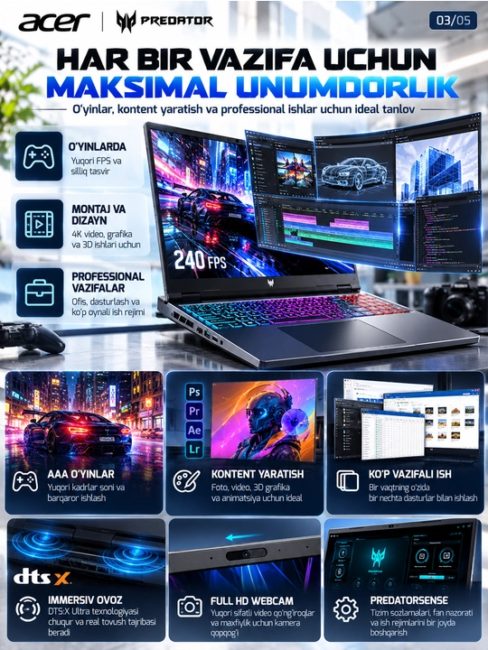 Ноутбук Acer Predator Helios Neo, Ultra 9 275HX, 16 ГБ DDR5, SSD 1 ТБ, RTX 5070 Ti