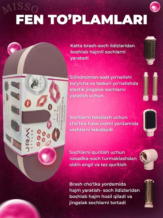 JRM Airwrap 6 tasi 1da ko'p funksiyali styler,soch quritgich,fen,jingalak,dazmol,ployka