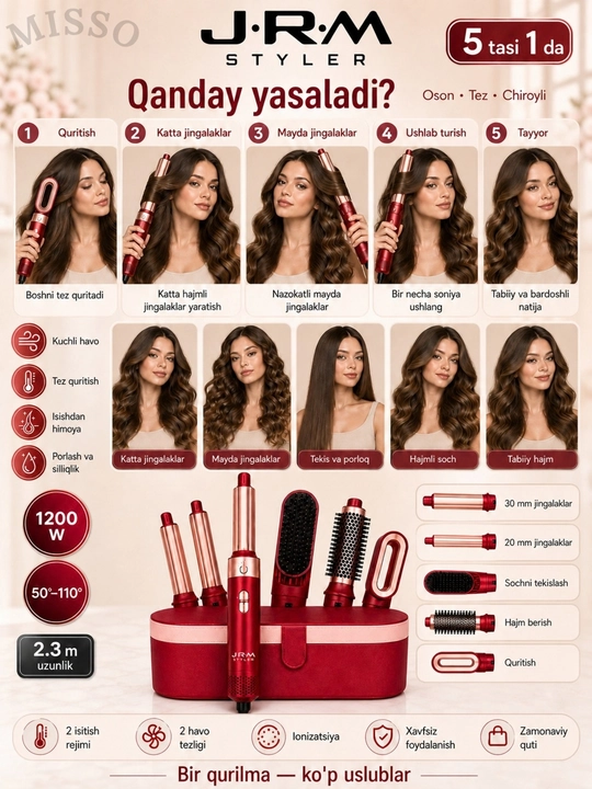 JRM Airwrap 6 tasi 1da ko'p funksiyali styler,soch quritgich,fen,jingalak,dazmol,ployka