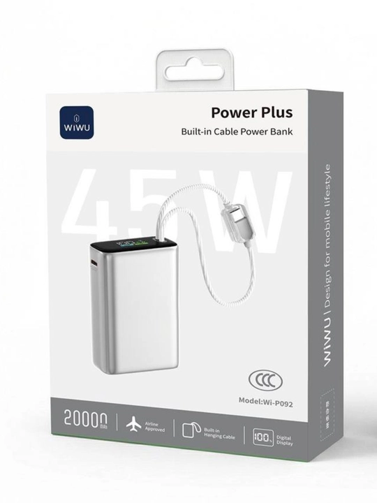 WIWU Power Plus Wi-P092 Power Bank 20000 mAh 45W ichki kabel bilan