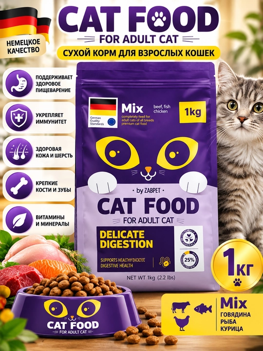 Сухой корм для взрослых кошек CAT FOOD Mix — говядина, рыба, курица, 1 кг - 