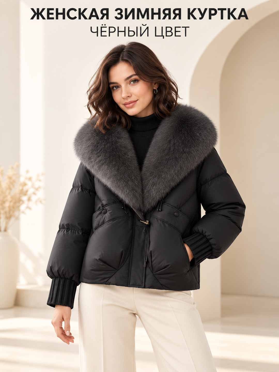 Теплая женская куртка с меховым воротником M–XXL, 12 цветов