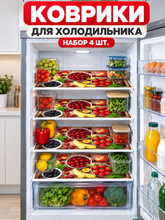Коврики для холодильника, набор 4 шт., 48×34 см — моющиеся, защитное покрытие - 