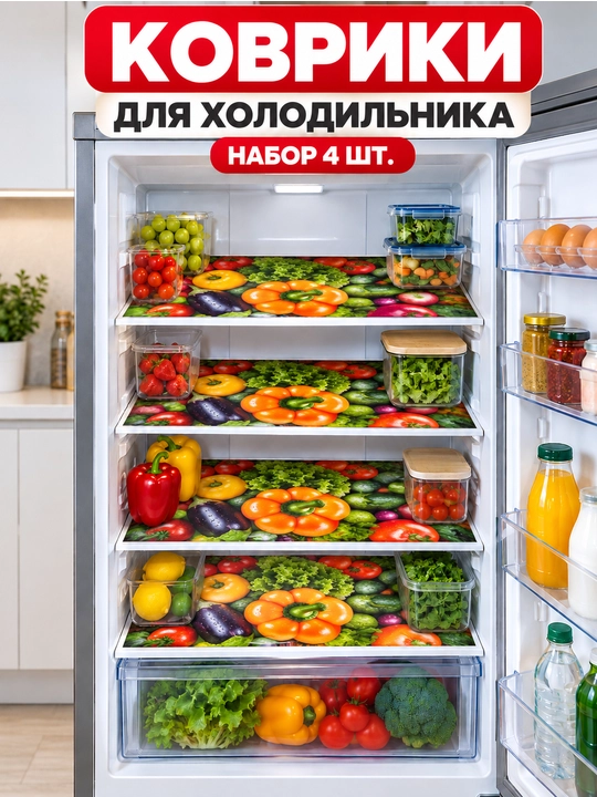 Коврики для холодильника, набор 4 шт., 48×34 см — моющиеся, защитное покрытие - 