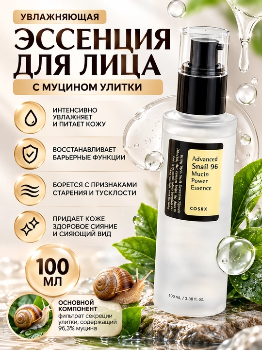 Namlantiruvchi essensiya, Cosrx, Advanced Snail 96 Mucin Power Essence, 100 ml - 