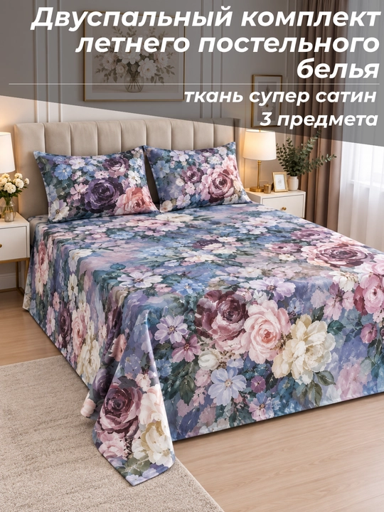 Комплект постельного белья летний, суперсатин, двуспальные и односпальные комплекты