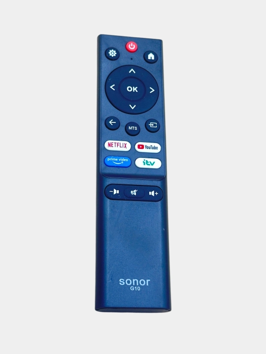 Ovozli boshqaruvsiz Sonor Smart TV pultining o'rtasida MTS tugmasi mavjud